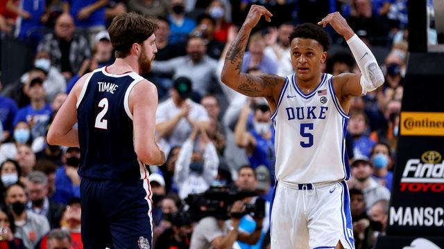 LAS VEGAS, NV - NOVEMBER 26: Paolo Banchero #5 of the Duke Blue Devils reacts as Drew Timme #2 of the Gonzaga Bulldogs looks on during the Continental Tire Challenge at T-Mobile Arena on November 26, 2021 in Las Vegas, Nevada. Duke won 84-81.