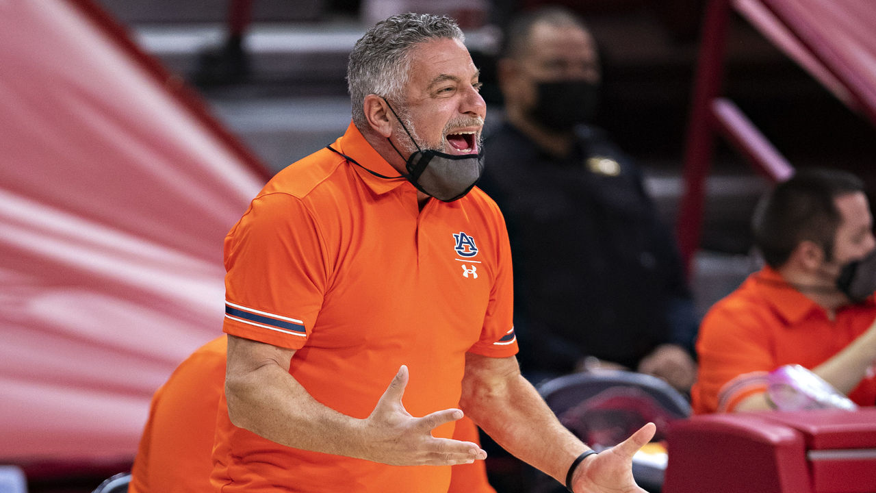 FAYETTEVILLE, ARKANSAS - JANUARY 20: Head Coach Bruce Pearl of the Auburn Tigers yells at his team during a game against the Arkansas Razorbacks at Bud Walton Arena on January 20, 2021 in Fayetteville, Arkansas. The Razorbacks defeated the Tigers 75-73.