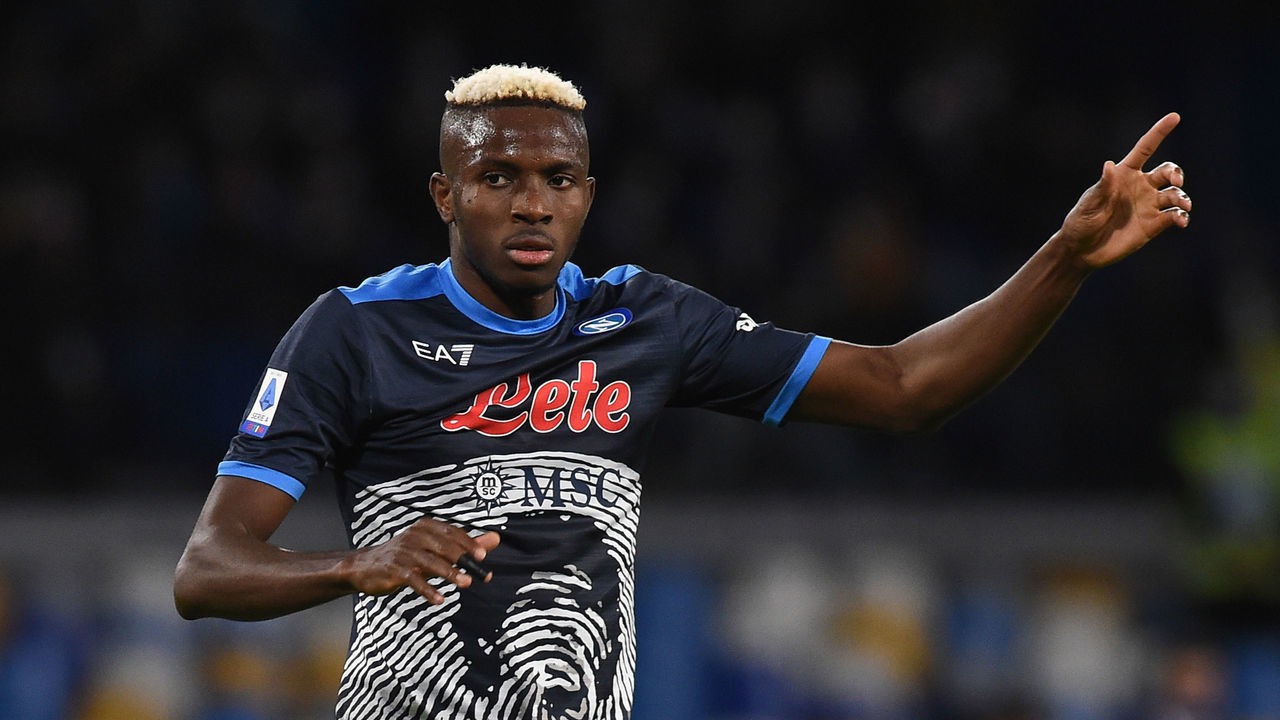Victor Osimhen of SSC Napoli during the Serie A match between SSC Napoli and Hellas Verona FC at Stadio Diego Armando Maradona Naples Italy on 7 November 2021.
