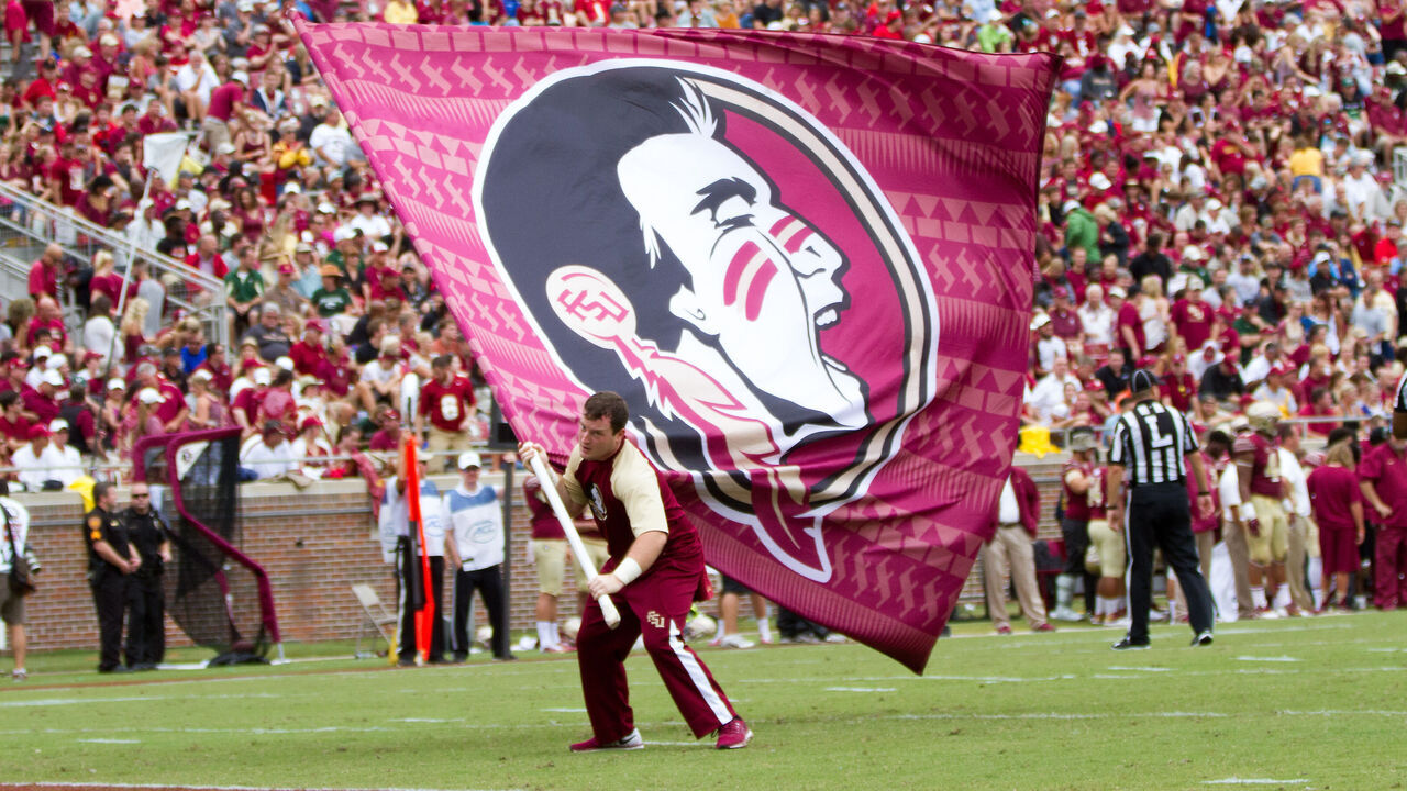 Sept. 12, 2015: A Florida State cheerleader celebrates a touchdown with the FSU flag during the game between Florida State and the University of South Florida at Doak Campbell Stadium in Tallahassee, FL.