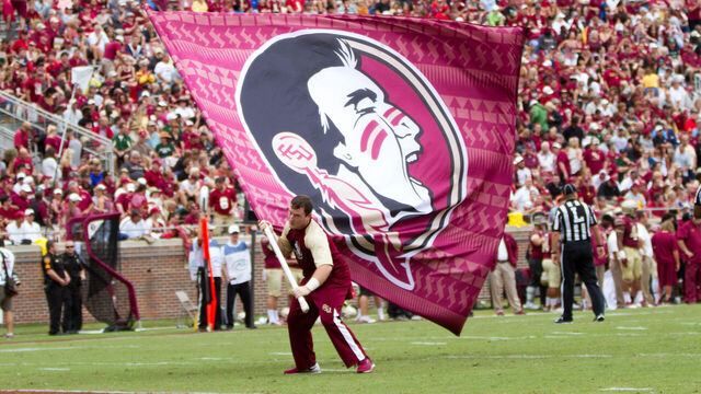 Sept. 12, 2015: A Florida State cheerleader celebrates a touchdown with the FSU flag during the game between Florida State and the University of South Florida at Doak Campbell Stadium in Tallahassee, FL.