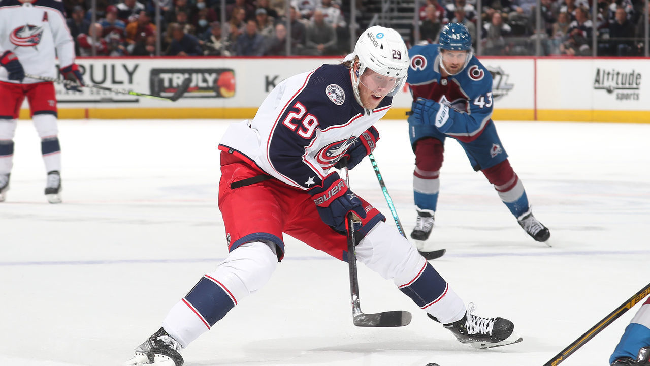 DENVER, COLORADO - NOVEMBER 03: Patrik Laine #29 of the Columbus Blue Jackets skates against the Colorado Avalanche at Ball Arena on November 03, 2021 in Denver, Colorado.