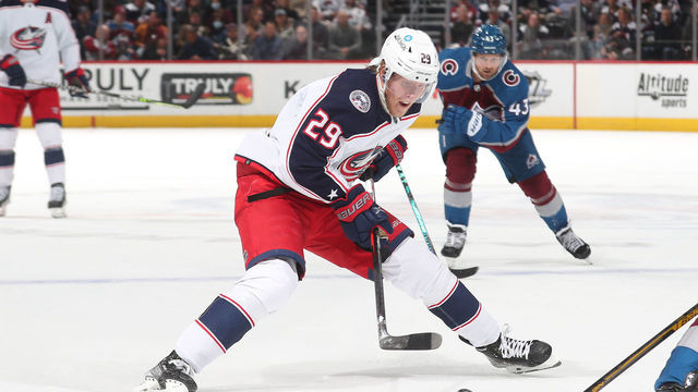 DENVER, COLORADO - NOVEMBER 03: Patrik Laine #29 of the Columbus Blue Jackets skates against the Colorado Avalanche at Ball Arena on November 03, 2021 in Denver, Colorado.