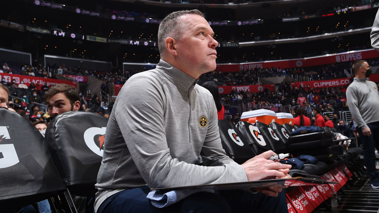LOS ANGELES, CA - DECEMBER 26: Head Coach Michael Malone of the Denver Nuggets looks on before the game against the LA Clippers on December 26, 2021 at Crypto.Com Arena in Los Angeles, California. NOTE TO USER: User expressly acknowledges and agrees that, by downloading and/or using this Photograph, user is consenting to the terms and conditions of the Getty Images License Agreement. Mandatory Copyright Notice: Copyright 2021 NBAE