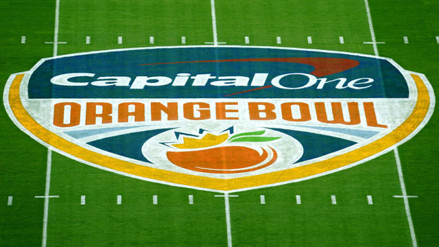 MIAMI GARDENS, FLORIDA - JANUARY 02: A general view of the Capital One Orange Bowl logo displayed in Hard Rock Stadium prior to the game between the North Carolina Tar Heels and the Texas A&M Aggies in the Capital One Orange Bowl at Hard Rock Stadium on January 02, 2021 in Miami Gardens, Florida.