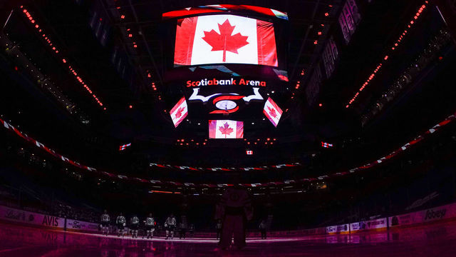 TORONTO, ON - MARCH 11: Toronto Maple Leafs and Winnipeg Jets stand for the national anthem in a general view of Scotiabank Arena on March 11, 2021 in Toronto, Ontario, Canada.