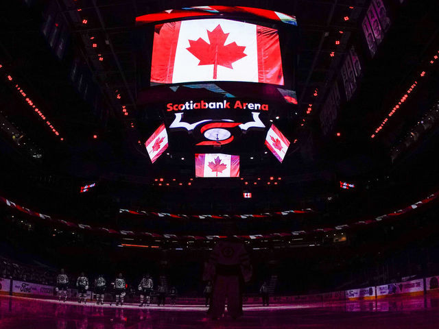 TORONTO, ON - MARCH 11: Toronto Maple Leafs and Winnipeg Jets stand for the national anthem in a general view of Scotiabank Arena on March 11, 2021 in Toronto, Ontario, Canada.