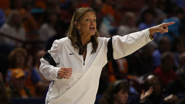GREENVILLE, SC - MARCH 05: Robin Pingeton head coach of Missouri during the SEC Women's College basketball tournament game between the Tennessee Volunteers and the Missouri Tigers on March 5, 2020, at Bon Secours Wellness Arena in Greenville, S.C.