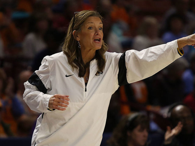 GREENVILLE, SC - MARCH 05: Robin Pingeton head coach of Missouri during the SEC Women's College basketball tournament game between the Tennessee Volunteers and the Missouri Tigers on March 5, 2020, at Bon Secours Wellness Arena in Greenville, S.C.
