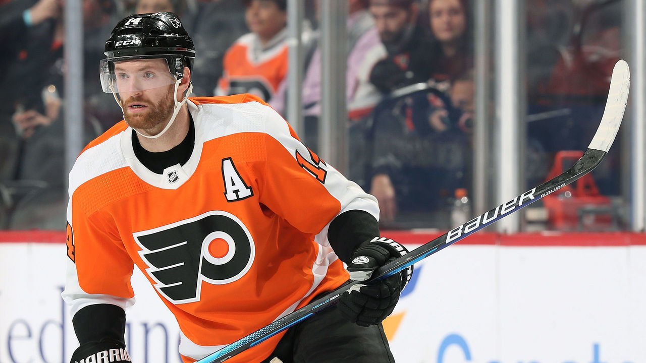 PHILADELPHIA, PA - NOVEMBER 10: Sean Couturier #14 of the Philadelphia Flyers skates against the Toronto Maple Leafs at the Wells Fargo Center on November 10, 2021 in Philadelphia, Pennsylvania.