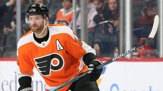 PHILADELPHIA, PA - NOVEMBER 10: Sean Couturier #14 of the Philadelphia Flyers skates against the Toronto Maple Leafs at the Wells Fargo Center on November 10, 2021 in Philadelphia, Pennsylvania.