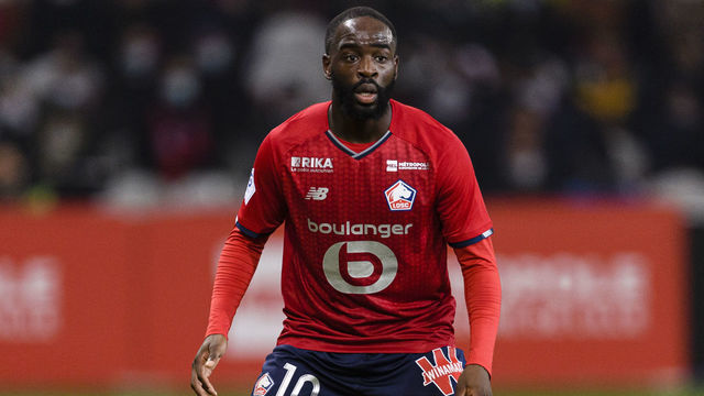 LILLE, FRANCE - DECEMBER 12: Jonathan Ikone of Lille in action during the Ligue 1 Uber Eats match between Lille OSC and Olympique Lyonnais at Stade Pierre Mauroy on December 12, 2021 in Lille, France.