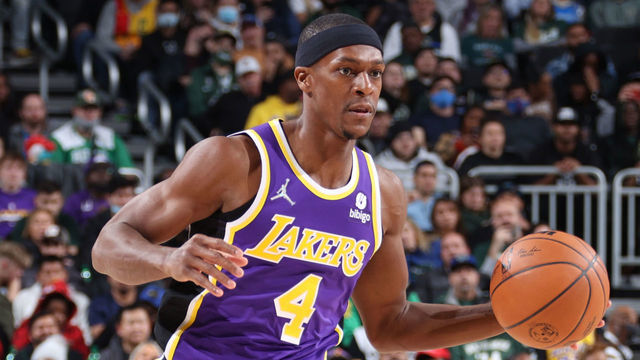 MILWAUKEE, WI - NOVEMBER 17: Rajon Rondo #4 of the Los Angeles Lakers drives to the basket during the game against the Milwaukee Bucks on November 17, 2021 at the Fiserv Forum Center in Milwaukee, Wisconsin. Mandatory Copyright Notice: Copyright 2021 NBAE .