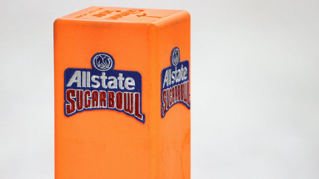 NEW ORLEANS, LOUISIANA - JANUARY 01: A pylon is seen before the game between the Clemson Tigers and the Ohio State Buckeyes during the College Football Playoff semifinal game at the Allstate Sugar Bowl at Mercedes-Benz Superdome on January 01, 2021 in New Orleans, Louisiana.