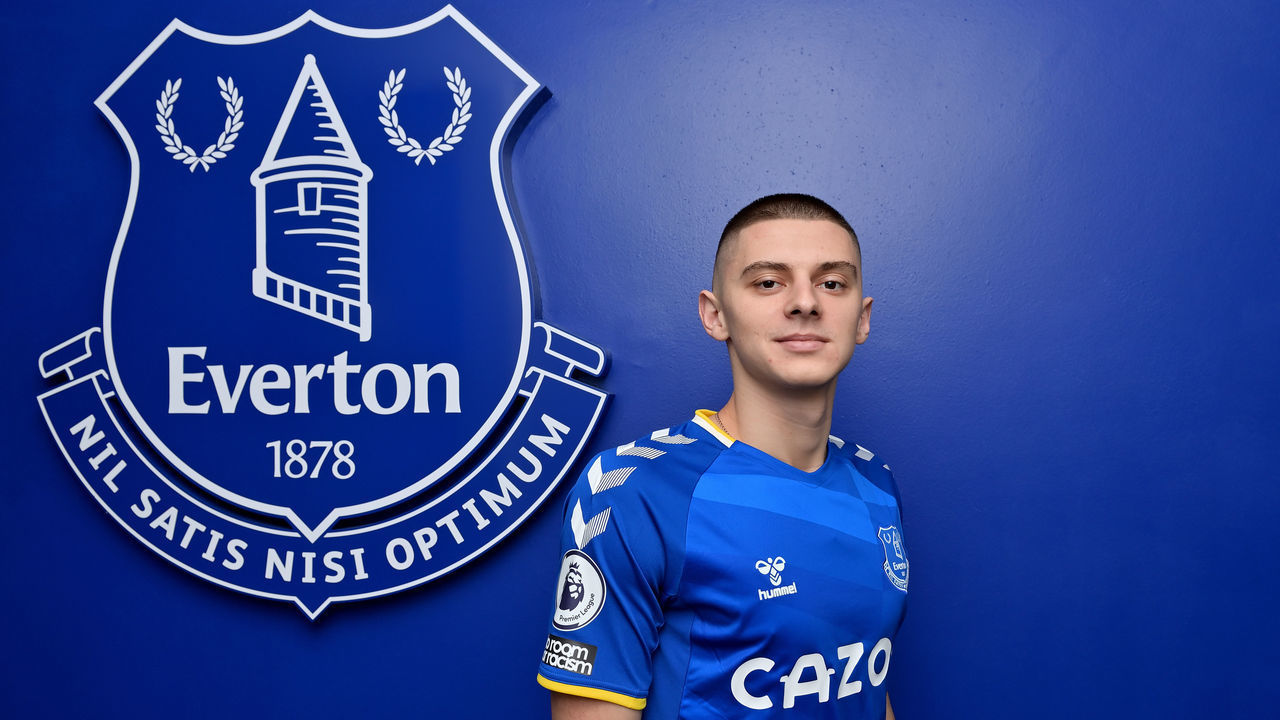 HALEWOOD, ENGLAND - JANUARY 01 (EXCLUSIVE COVERAGE) Vitaliy Mykolenko poses for a photo after signing for Everton FC at USM Finch Farm on January 01 2022 in Halewood, England.