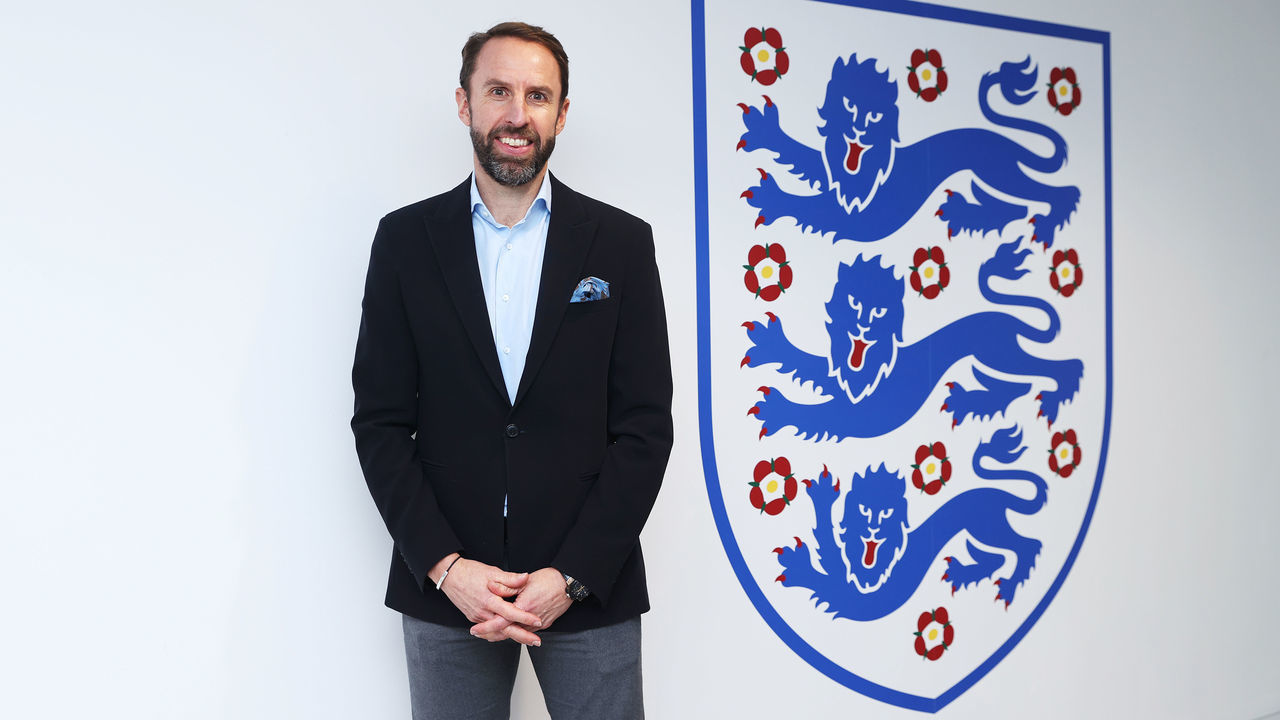 LONDON, ENGLAND - NOVEMBER 22: Gareth Southgate, Manager of England poses for a photo after the England Press Conference after announcing a contract extension for Gareth Southgate and Steve Holland at Wembley Stadium on November 22, 2021 in London, England.