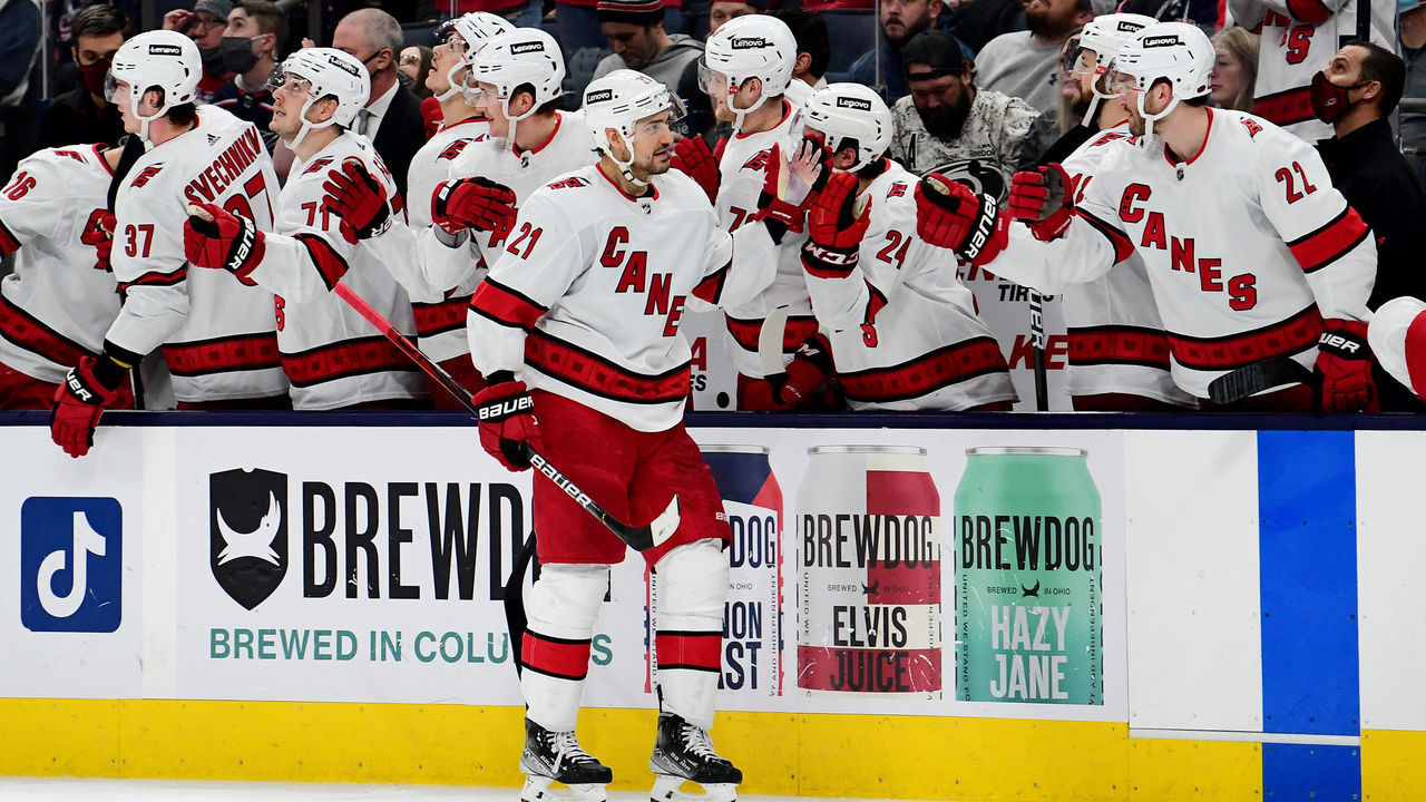 COLUMBUS, OHIO - JANUARY 01: Nino Niederreiter #21 of the Carolina Hurricanes celebrates his goal during the third period against the Columbus Blue Jackets at Nationwide Arena on January 01, 2022 in Columbus, Ohio.
