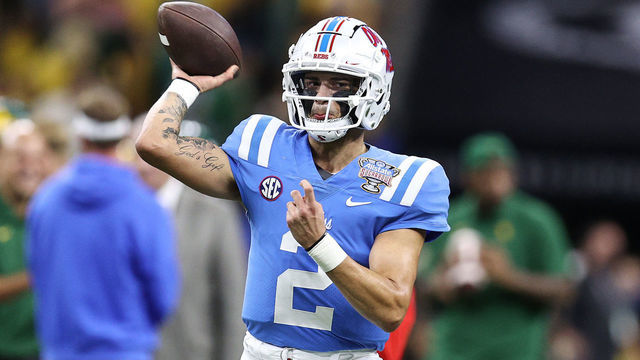 NEW ORLEANS, LOUISIANA - JANUARY 01: Matt Corral #2 of the Mississippi Rebels warms up prior to the Allstate Sugar Bowl against the Baylor Bears at Caesars Superdome on January 01, 2022 in New Orleans, Louisiana.