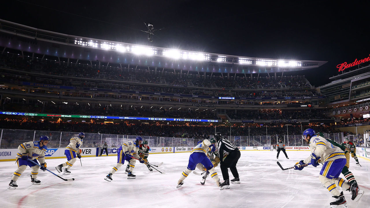 MINNEAPOLIS, MINNESOTA - JANUARY 01: An overview of action on the rink in the second period of the game between the St. Louis Blues and the Minnesota Wild during the NHL Winter Classic game between the St. Louis Blues and the Minnesota Wild at Target Field on January 01, 2022 in Minneapolis, Minnesota.