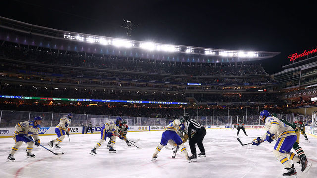 MINNEAPOLIS, MINNESOTA - JANUARY 01: An overview of action on the rink in the second period of the game between the St. Louis Blues and the Minnesota Wild during the NHL Winter Classic game between the St. Louis Blues and the Minnesota Wild at Target Field on January 01, 2022 in Minneapolis, Minnesota.