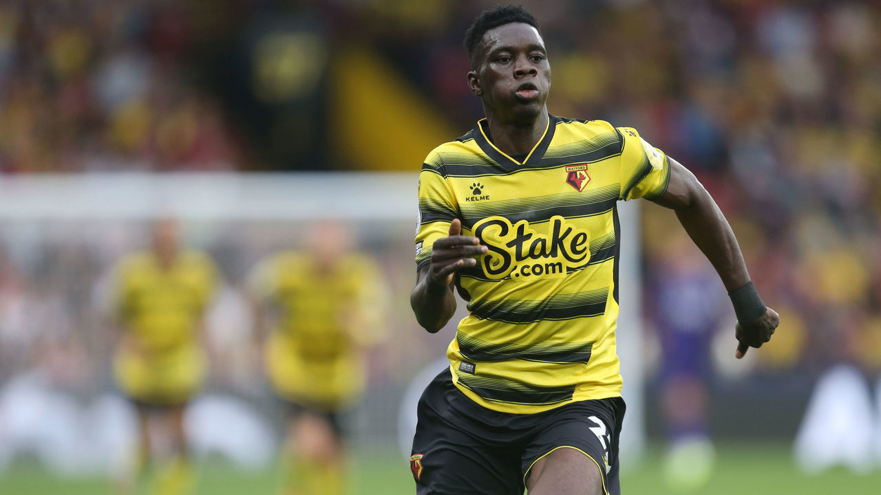 WATFORD, ENGLAND - SEPTEMBER 25: Watford's Ismaila Sarr during the Premier League match between Watford and Newcastle United at Vicarage Road on September 25, 2021 in Watford, England.