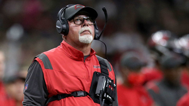 NEW ORLEANS, LOUISIANA - OCTOBER 31: Head coach Bruce Arians of the Tampa Bay Buccaneers looks on during a NFL game against the New Orleans Saints at Caesars Superdome on October 31, 2021 in New Orleans, Louisiana.
