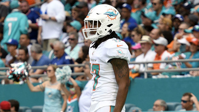 MIAMI GARDENS, FL - DECEMBER 05: Miami Dolphins Wide Receiver Jaylen Waddle (17) awaits a kickoff during the NFL football game between the New York Giants and the Miami Dolphins on December 5, 2021, at Hard Rock Stadium in Miami Gardens, Florida.