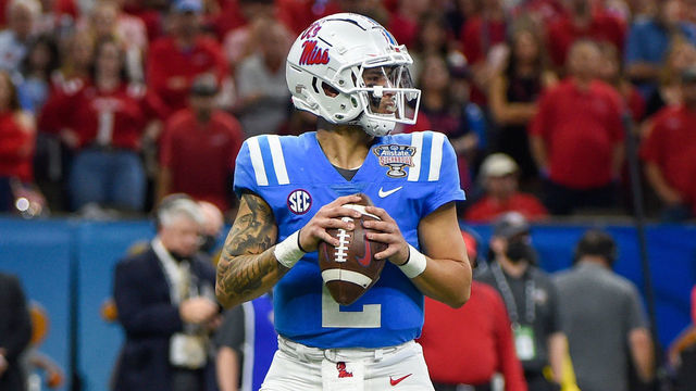 NEW ORLEANS, LA - JANUARY 01: Mississippi Rebels quarterback Matt Corral (2) looks to throw downfield during first half action during the Allstate Sugar Bowl game between the Baylor Bears and the Ole' Miss Rebels on January 01, 2022, at Caesars Superdome in New Orleans, LA.