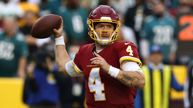 LANDOVER, MARYLAND - JANUARY 02: Taylor Heinicke #4 of the Washington Football Team throws the ball during the second half against the Philadelphia Eagles at FedExField on January 02, 2022 in Landover, Maryland.