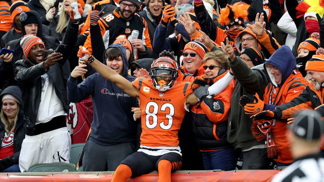 CINCINNATI, OHIO - JANUARY 02: Tyler Boyd #83 of the Cincinnati Bengals celebrates with fans after a touchdown in the fourth quarter of the game against the Kansas City Chiefs at Paul Brown Stadium on January 02, 2022 in Cincinnati, Ohio.