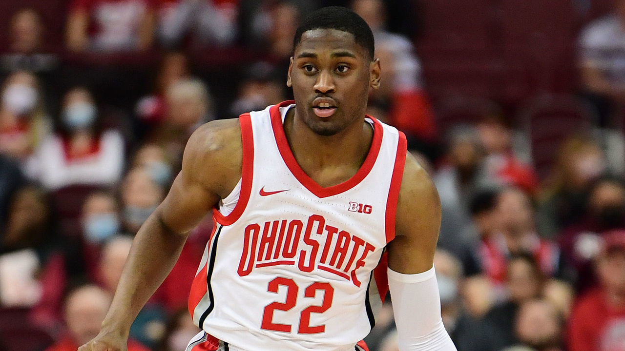 COLUMBUS, OHIO - DECEMBER 08: Malaki Branham #22 of the Ohio State Buckeyes drives the ball during the first half of their game against the Towson Tigers at Value City Arena on December 08, 2021 in Columbus, Ohio.