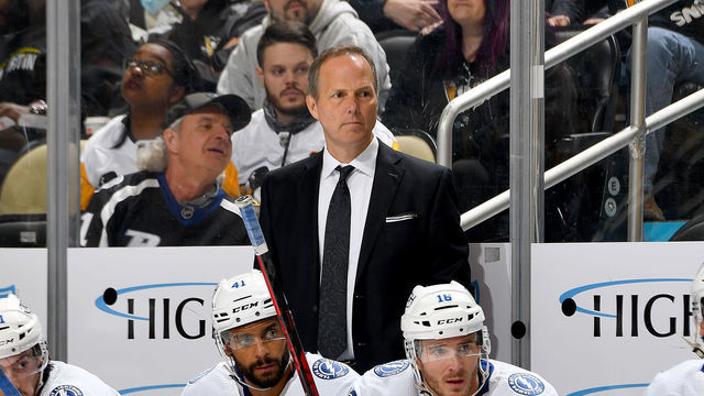 PITTSBURGH, PA - OCTOBER 26: Head coach Jon Cooper of the Tampa Bay Lightning looks on against the Pittsburgh Penguins at PPG PAINTS Arena on October 26, 2021 in Pittsburgh, Pennsylvania.