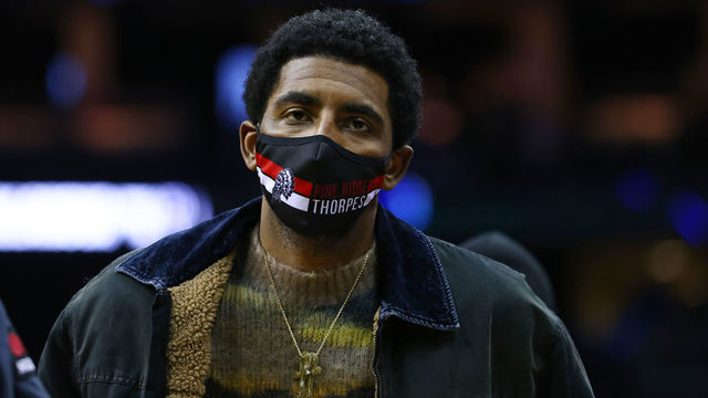 NEWARK, NJ - JANUARY 01: Kyrie Irving of the Brooklyn Nets attends a game between the Villanova Wildcats and Seton Hall Pirates at Prudential Center on January 1, 2022 in Newark, New Jersey. Villanova defeated Seton Hall 73-67.