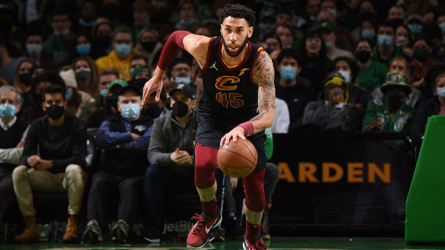 BOSTON, MA - DECEMBER 22: Denzel Valentine #45 of the Cleveland Cavaliers dribbles the ball during the game against the Boston Celtics on December 22, 2021 at the TD Garden in Boston, Massachusetts. Mandatory Copyright Notice: Copyright 2021 NBAE