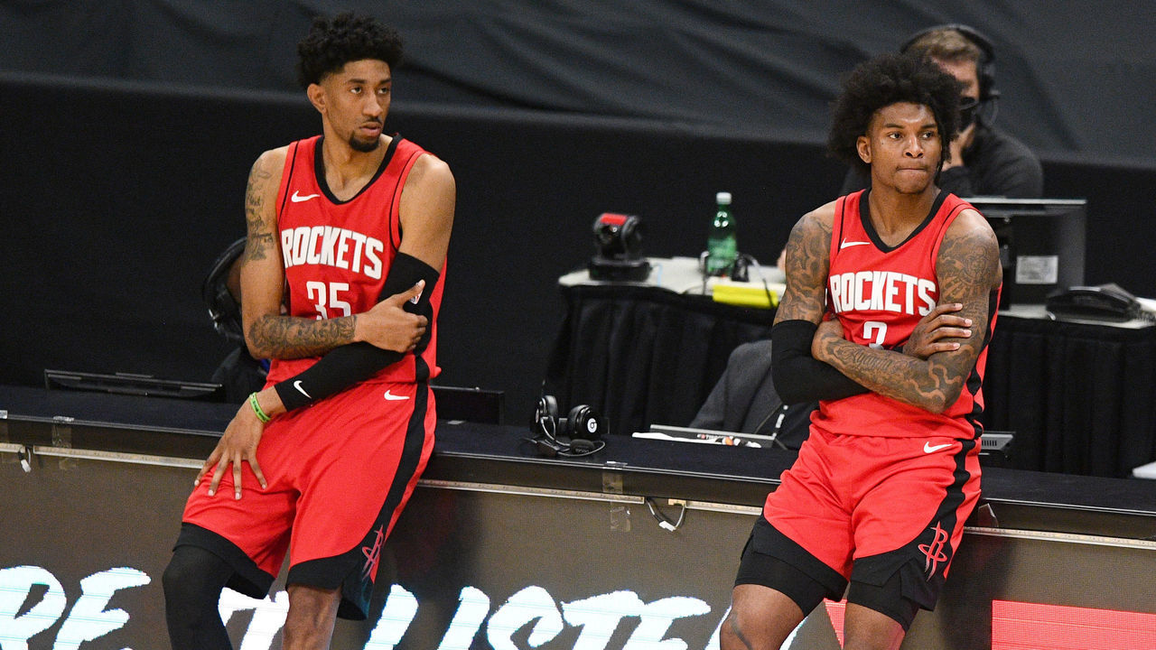 LOS ANGELES, CA - APRIL 09: Houston Rockets Center Christian Wood (35) and Houston Rockets Guard Kevin Porter Jr. (3) look on during a NBA game between the Houston Rockets and the Los Angeles Clippers on April 9, 2021 at STAPLES Center in Los Angeles, CA.
