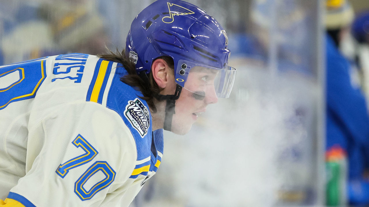 MINNEAPOLIS, MN - JANUARY 01: Oskar Sundqvist #70 of the St. Louis Blues looks on against the Minnesota Wild in the second period of the game during the NHL Winter Classic at Target Field on January 1, 2022 in Minneapolis, Minnesota.