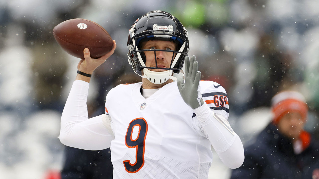 SEATTLE, WASHINGTON - DECEMBER 26: Nick Foles #9 of the Chicago Bears warms up before the game against the Seattle Seahawks at Lumen Field on December 26, 2021 in Seattle, Washington.