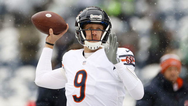 SEATTLE, WASHINGTON - DECEMBER 26: Nick Foles #9 of the Chicago Bears warms up before the game against the Seattle Seahawks at Lumen Field on December 26, 2021 in Seattle, Washington.