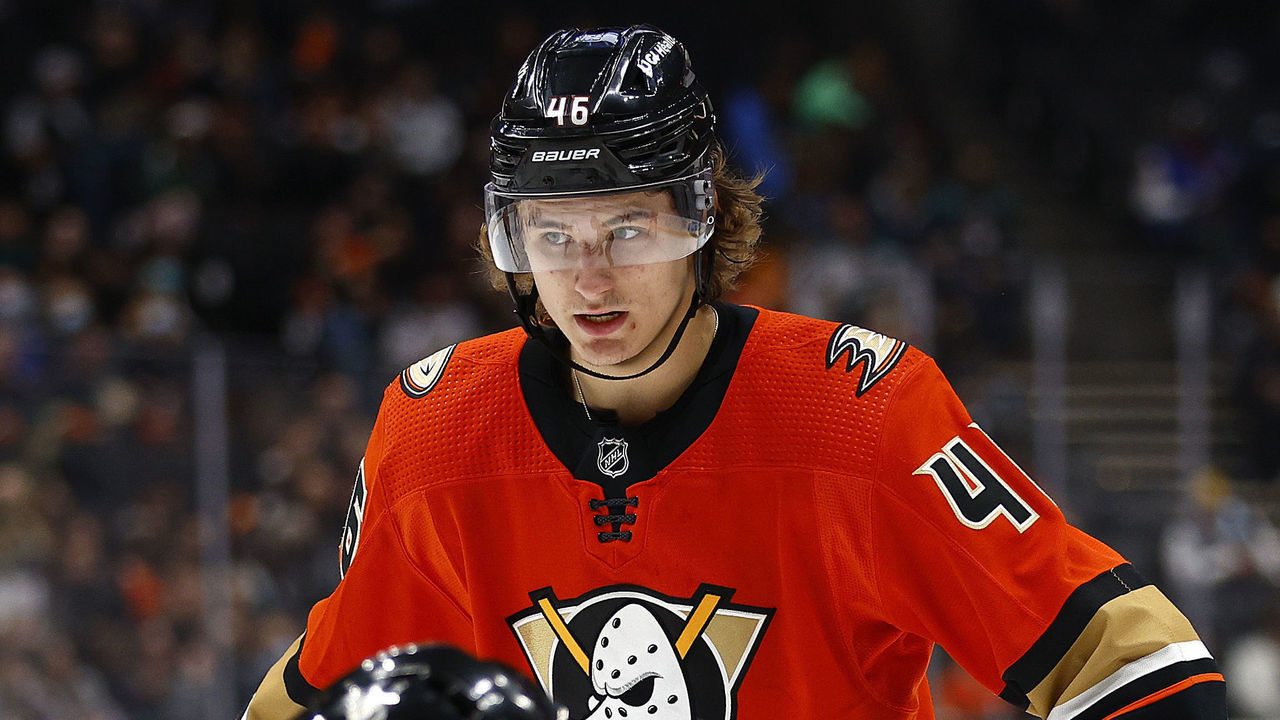 ANAHEIM, CALIFORNIA - DECEMBER 17: Trevor Zegras #46 of the Anaheim Ducks looks on during the third period of a game against the Arizona Coyotes at Honda Center on December 17, 2021 in Anaheim, California.