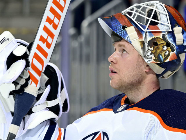 ELMONT, NEW YORK - JANUARY 01: Mikko Koskinen #19 of the Edmonton Oilers looks on during the third period against the New York Islanders at UBS Arena on January 01, 2022 in Elmont, New York.