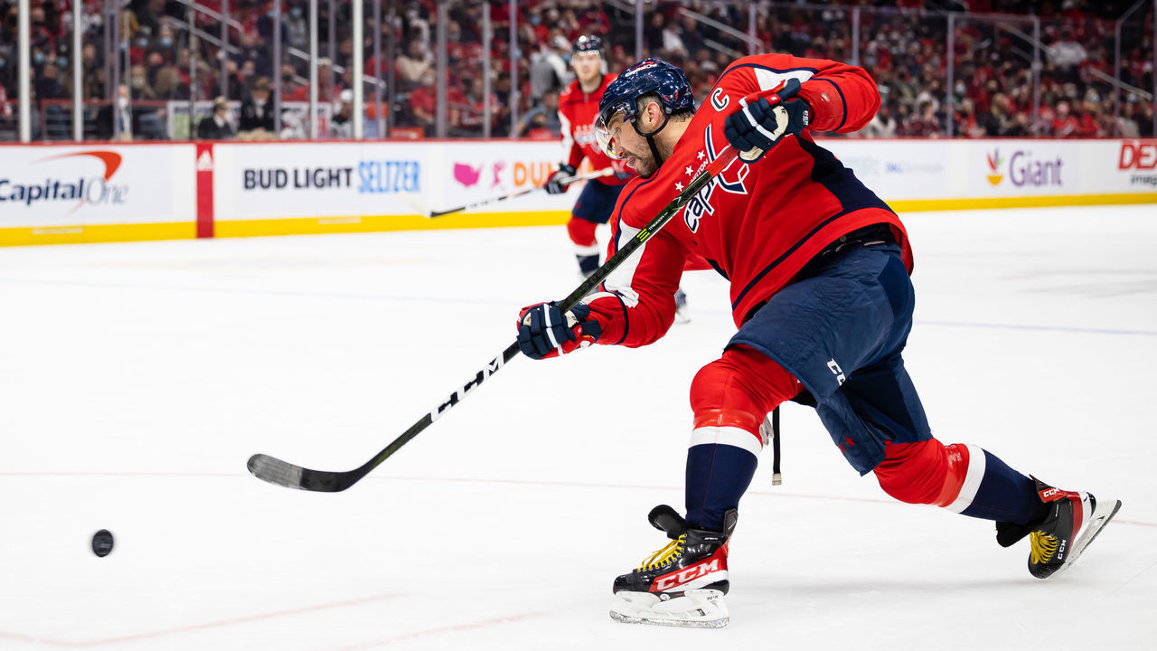 WASHINGTON, DC - JANUARY 02: Alex Ovechkin #8 of the Washington Capitals takes a slapshot against the New Jersey Devils during the second period of the game at Capital One Arena on January 2, 2022 in Washington, DC.