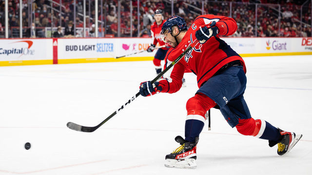WASHINGTON, DC - JANUARY 02: Alex Ovechkin #8 of the Washington Capitals takes a slapshot against the New Jersey Devils during the second period of the game at Capital One Arena on January 2, 2022 in Washington, DC.