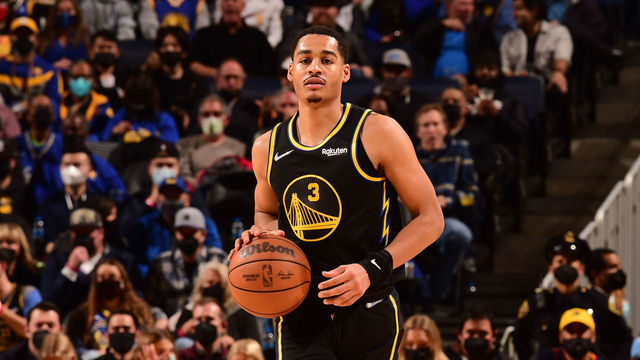 SAN FRANCISCO, CA - JANUARY 3: Jordan Poole #3 of the Golden State Warriors dribbles the ball during the game against the Miami Heat on January 3, 2022 at Chase Center in San Francisco, California. NOTE TO USER: User expressly acknowledges and agrees that, by downloading and or using this photograph, user is consenting to the terms and conditions of Getty Images License Agreement. Mandatory Copyright Notice: Copyright 2022 NBAE
