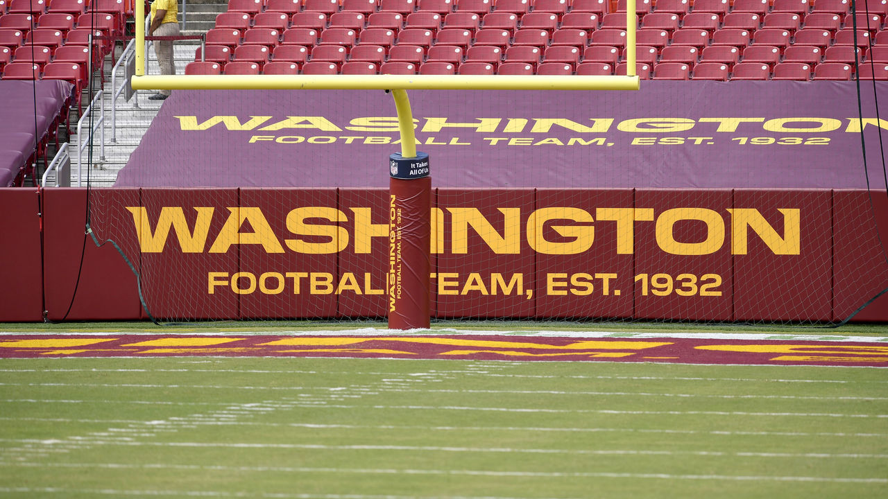LANDOVER, MD - SEPTEMBER 13: New Washington Football Team logos were all around the stadium during the Philadelphia Eagles vs. Washington Football Team NFL game at FedEx Field on September 13, 2020 in Landover, MD.