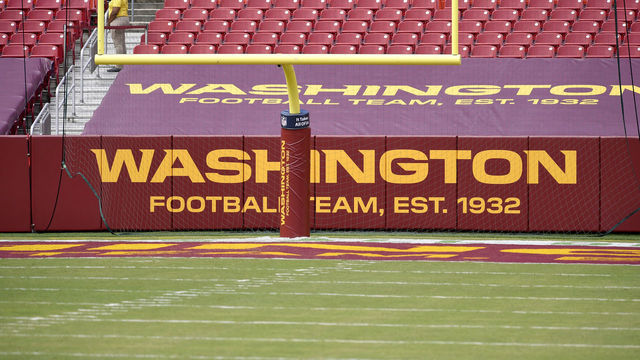LANDOVER, MD - SEPTEMBER 13: New Washington Football Team logos were all around the stadium during the Philadelphia Eagles vs. Washington Football Team NFL game at FedEx Field on September 13, 2020 in Landover, MD.
