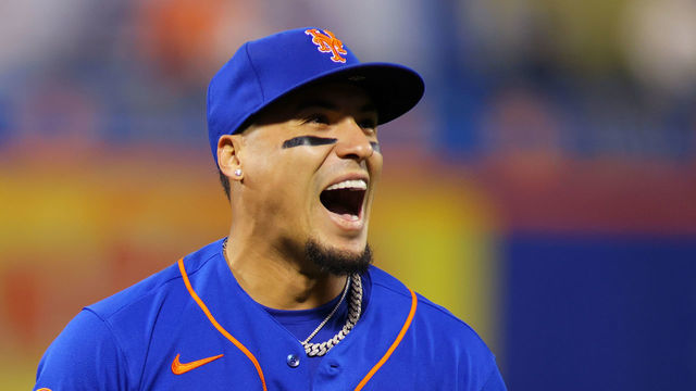 NEW YORK, NEW YORK - SEPTEMBER 30: Javier Baez #23 and Francisco Lindor #12 of the New York Mets share a laugh prior to the game against the Miami Marlins at Citi Field on September 30, 2021 in New York City.