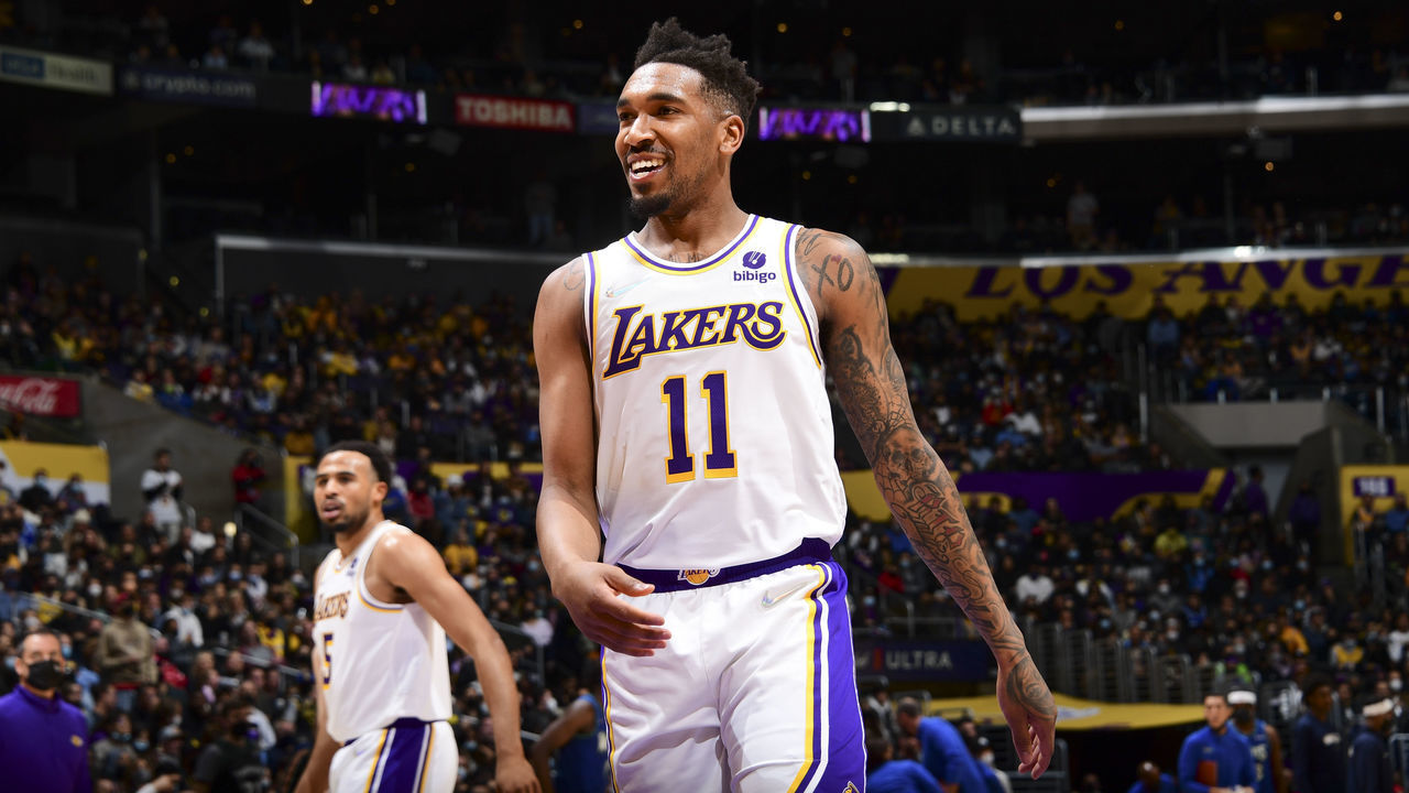 LOS ANGELES, CA - JANUARY 2: Malik Monk #11 of the Los Angeles Lakers smiles during the game against the Minnesota Timberwolves on January 2, 2022 at Crypto.Com Arena in Los Angeles, California. NOTE TO USER: User expressly acknowledges and agrees that, by downloading and/or using this Photograph, user is consenting to the terms and conditions of the Getty Images License Agreement. Mandatory Copyright Notice: Copyright 2022 NBAE
