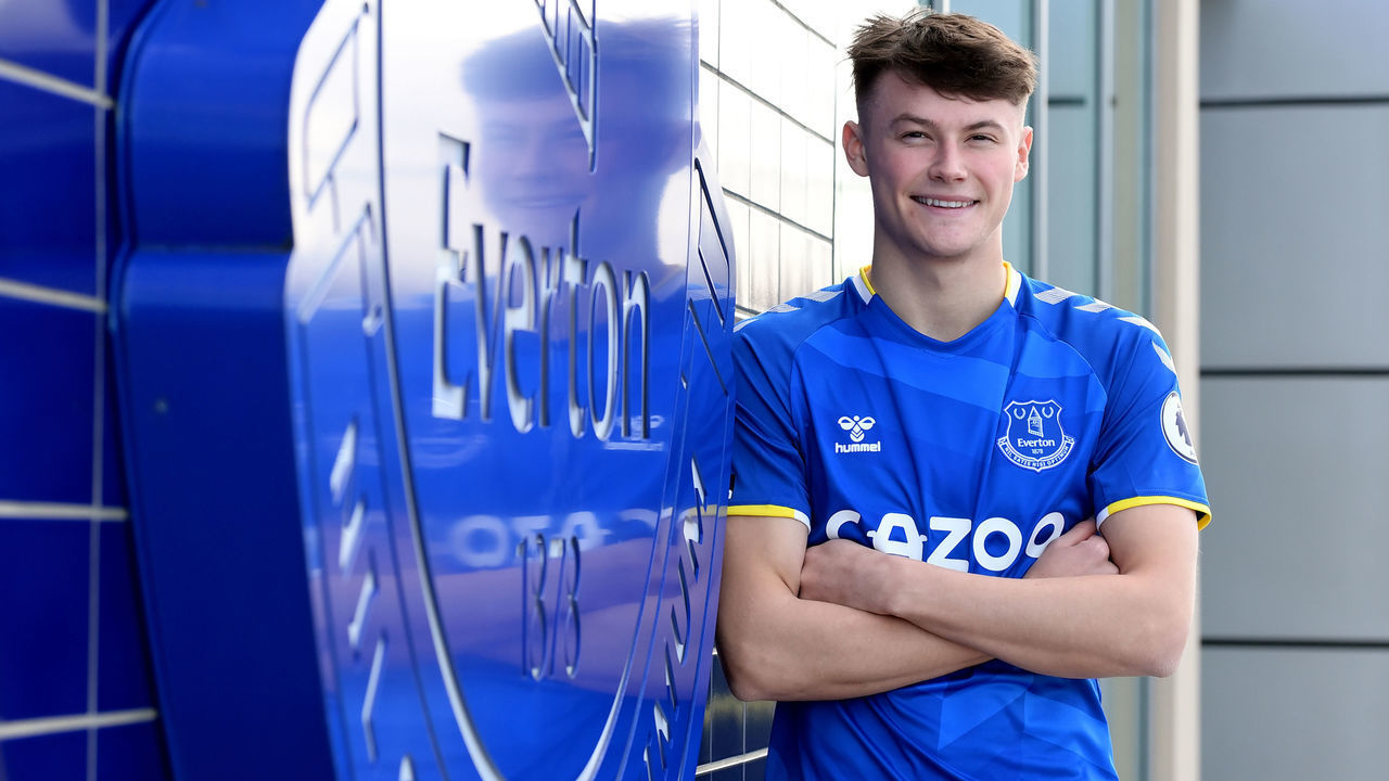HALEWOOD, ENGLAND - JANUARY 04 (EXCLUSIVE COVERAGE) Nathan Patterson poses for a photo after signing for Everton FC at USM Finch Farm on January 04 2022 in Halewood, England.