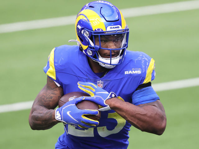 INGLEWOOD, CALIFORNIA - JANUARY 03: Cam Akers #23 of the Los Angeles Rams rushes with the ball during the first half of a game against the Arizona Cardinals at SoFi Stadium on January 03, 2021 in Inglewood, California.