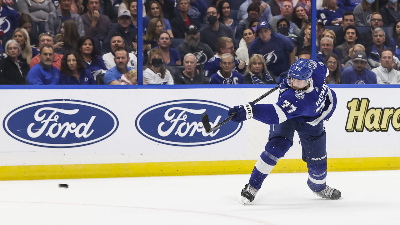 TAMPA, FL - DECEMBER 14: Victor Hedman #77 of the Tampa Bay Lightning shoots the puck for a goal against the Los Angeles Kings during the first period at Amalie Arena on December 14, 2021 in Tampa, Florida.
